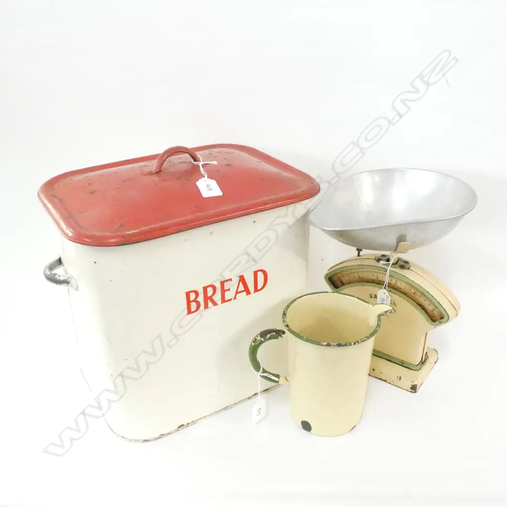 VINTAGE ENAMEL BREAD BIN, SALTER SCALE, JUG  Image 1++