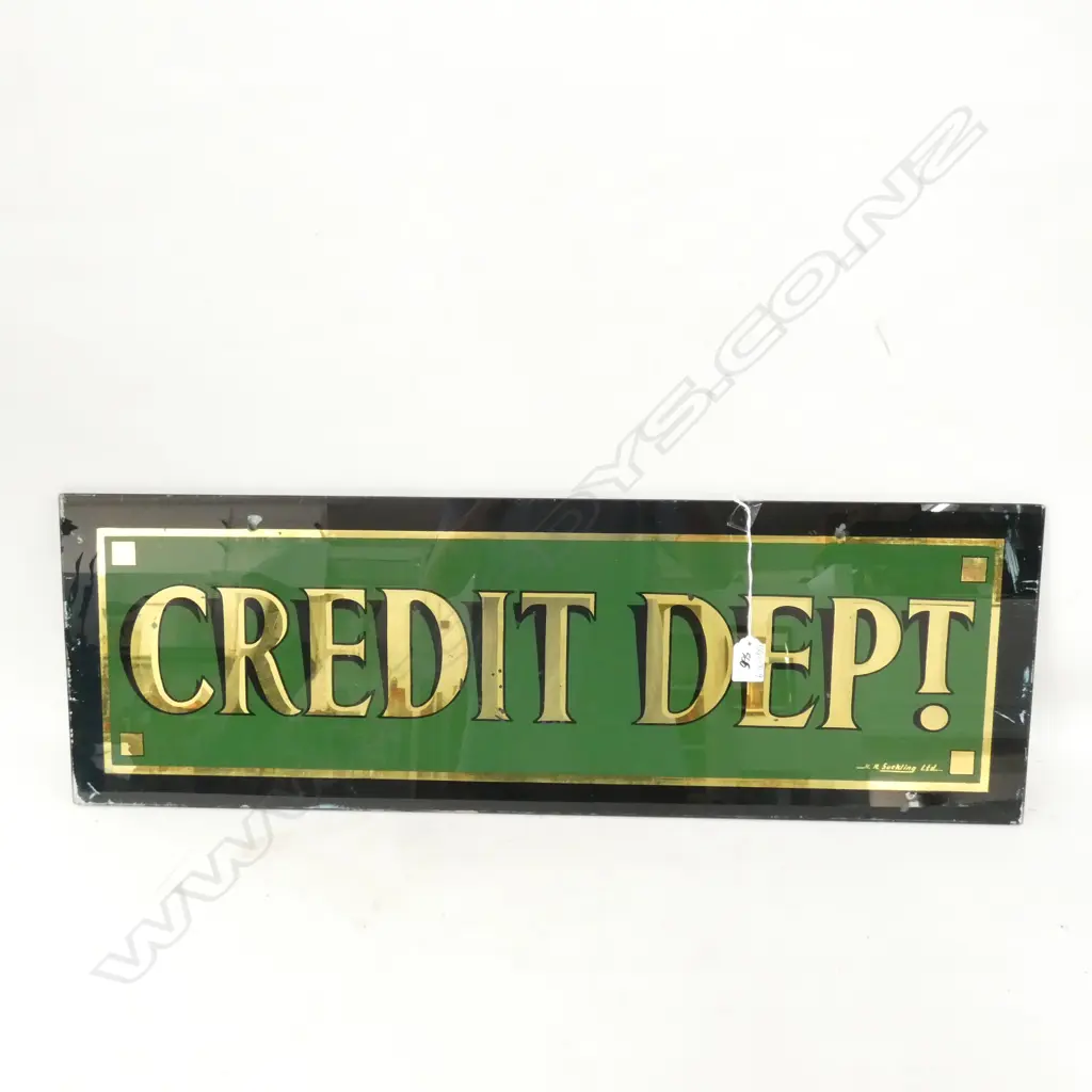 OLD 'CREDIT DEPT' SHOP SIGN, GREEN, GOLD & BLACK ON GLASS,  255 X 760MM Image 1++