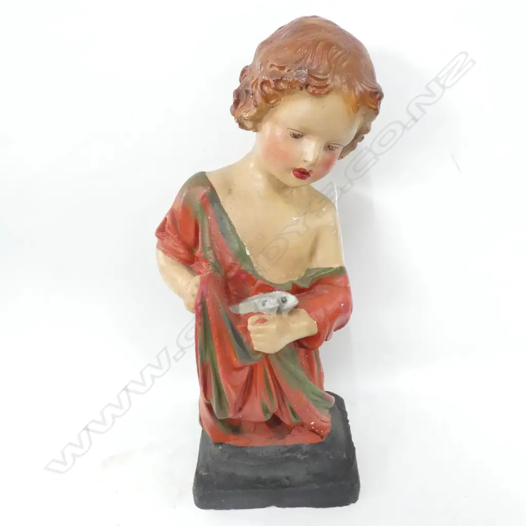 VINTAGE PLASTER GIRL WITH FISH H. 530MM Image 1++