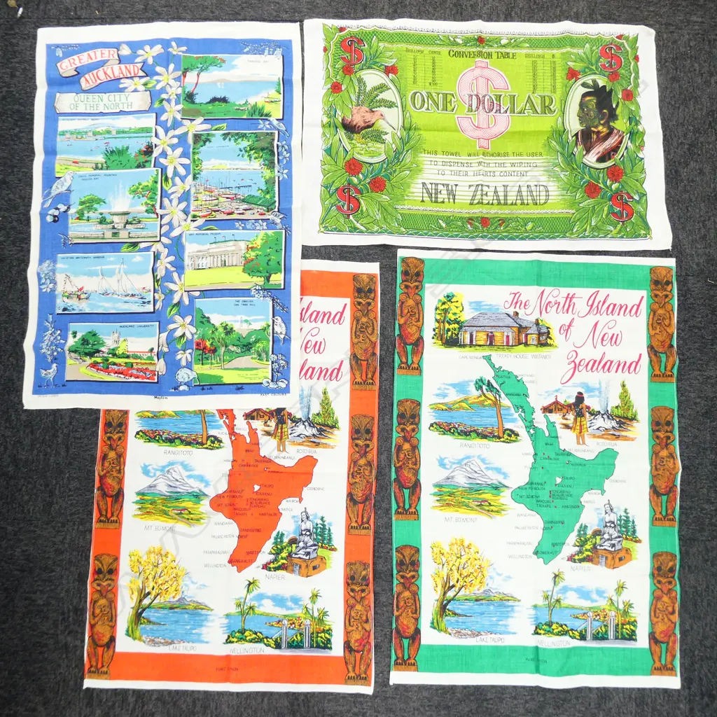 4 VINTAGE NZ LINEN TEA TOWELS; AUCKLAND, MAORI ETC Image 1++