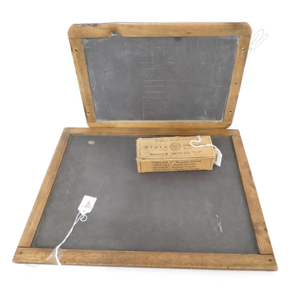 TWO OLD SCHOOL SLATES WITH A BOX OF SLATE PENCILS Image 1++