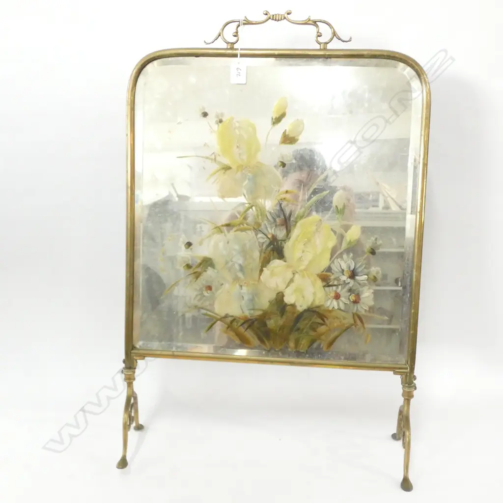 EDWARDIAN BRASS MIRRORED FIRE SCREEN H 730 MM Image 1++
