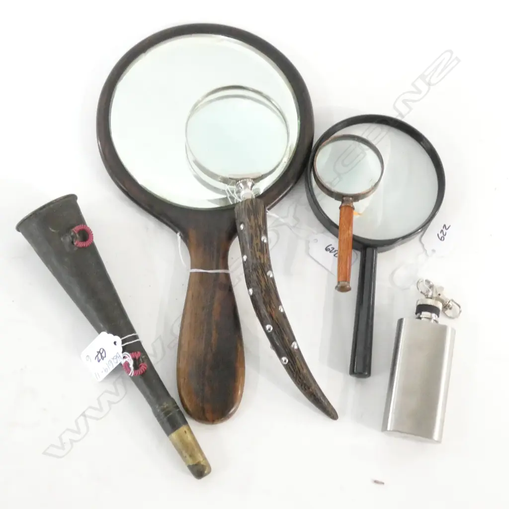 THREE OLD MAGNIFYING GLASSES; WOODEN MIRROR W STG PLAQUE, BRASS HORN, FLASK,  Image 1++