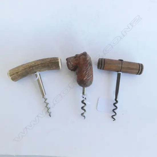 THREE OLD CORK SCREWS INCL. 1 CARVED SCOTTY DOG HANDLE, 1 DEER ANTLER.