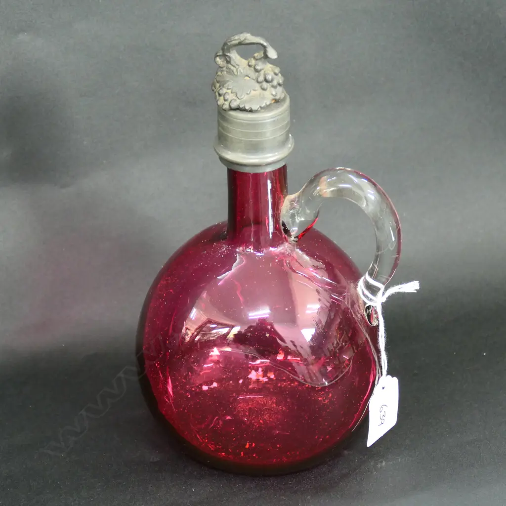 CRANBERRY GLASS DECANTER, APPLIED HANDLE, PEWTER STOPPER & COLLAR Image 1++