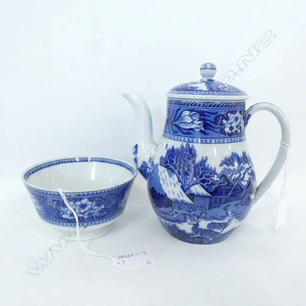 WEDGWOOD BLUE & WHITE FELLOW DEER COFFEE POT H. 180MM & SM BOWL DIA.110MM. Image 1++