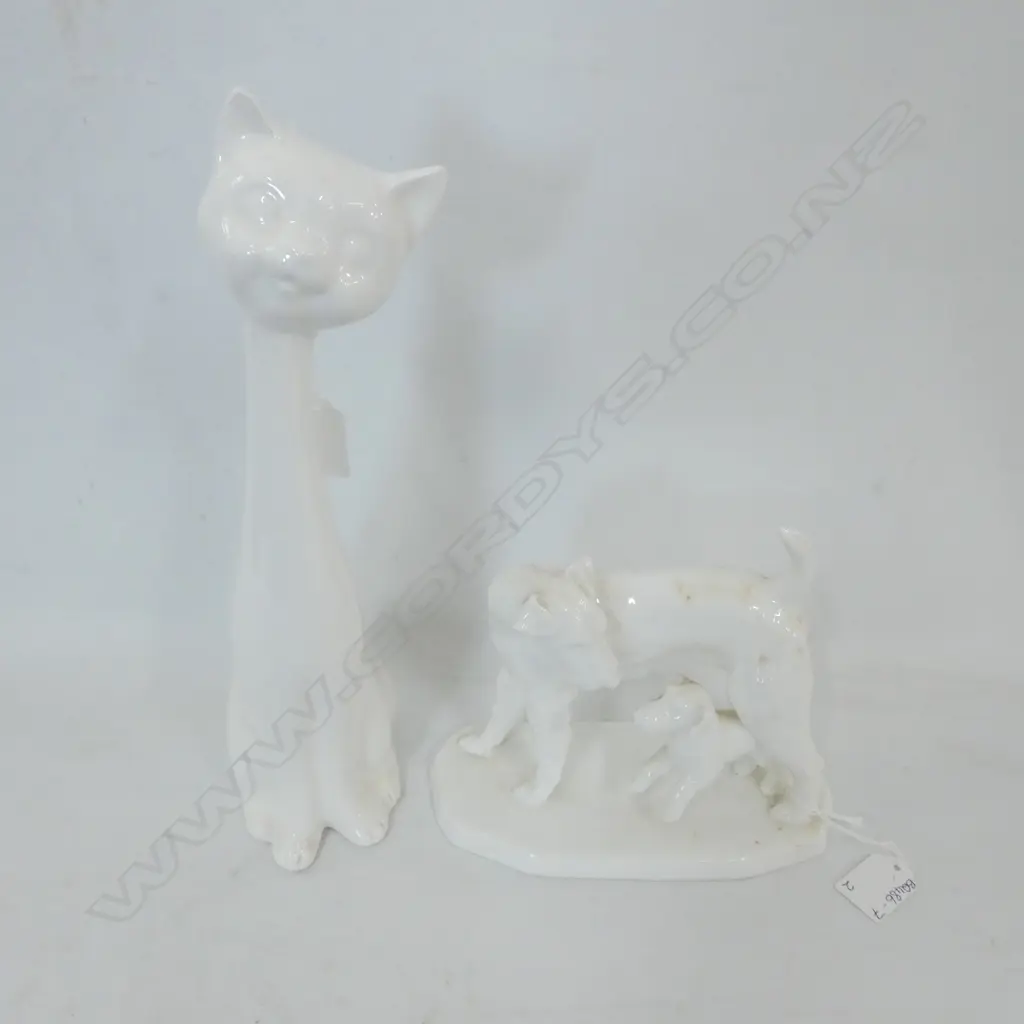 TWO WHITE PORCELAIN FIGURES; TALL CAT H345MM & PR NORITAKE TERRIERS H.50 L.200MM Image 1++