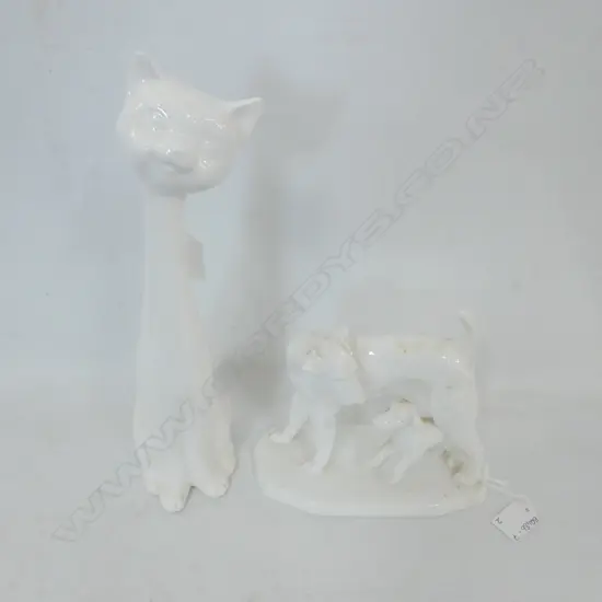 TWO WHITE PORCELAIN FIGURES; TALL CAT H345MM & PR NORITAKE TERRIERS H.50 L.200MM