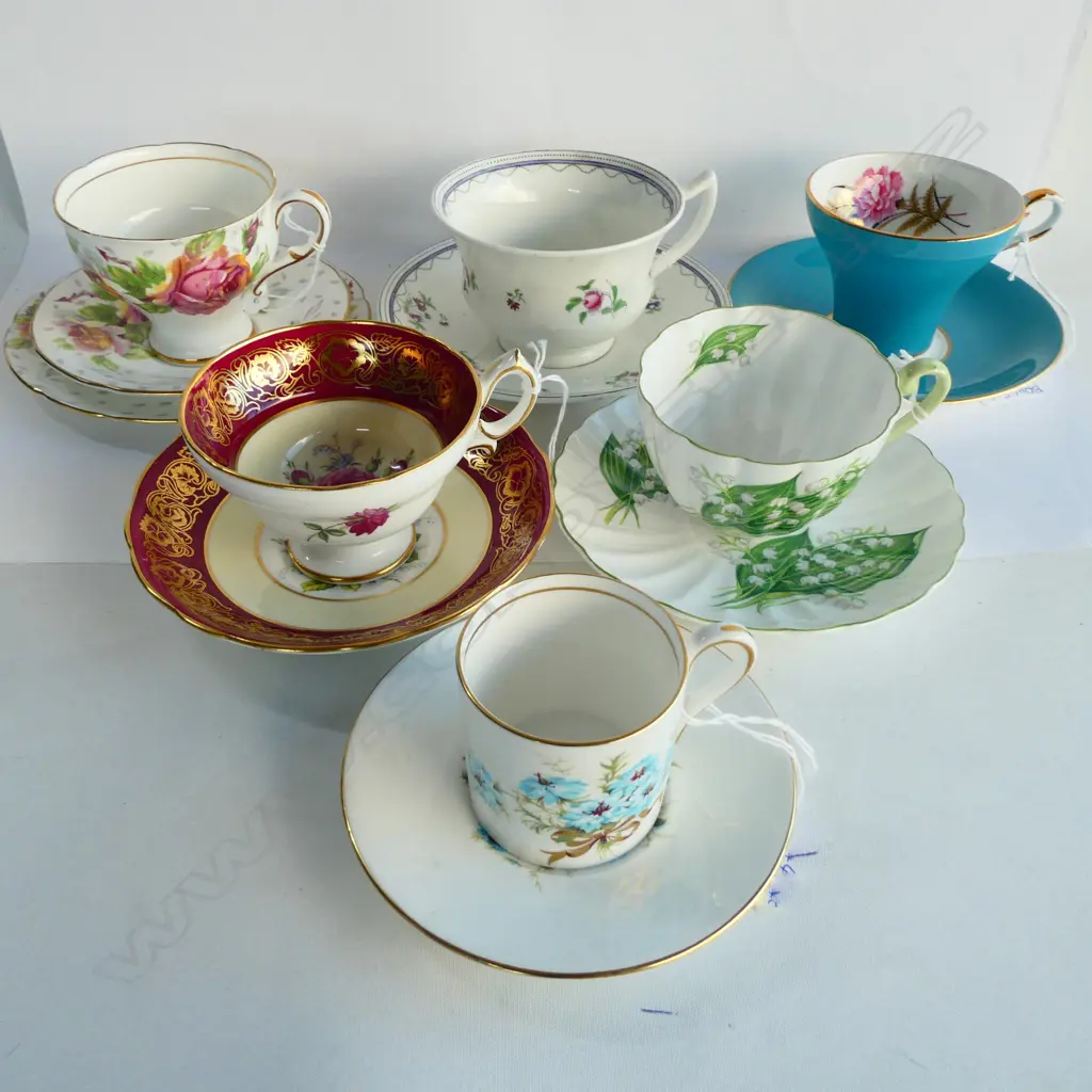 SIX CUPS & SAUCERS; SHELLEY LILY OF THE VALLEY, HAMMERSLEY, AYNSLEY, PARAGON & 1 PARAGON TRIO Image 1++