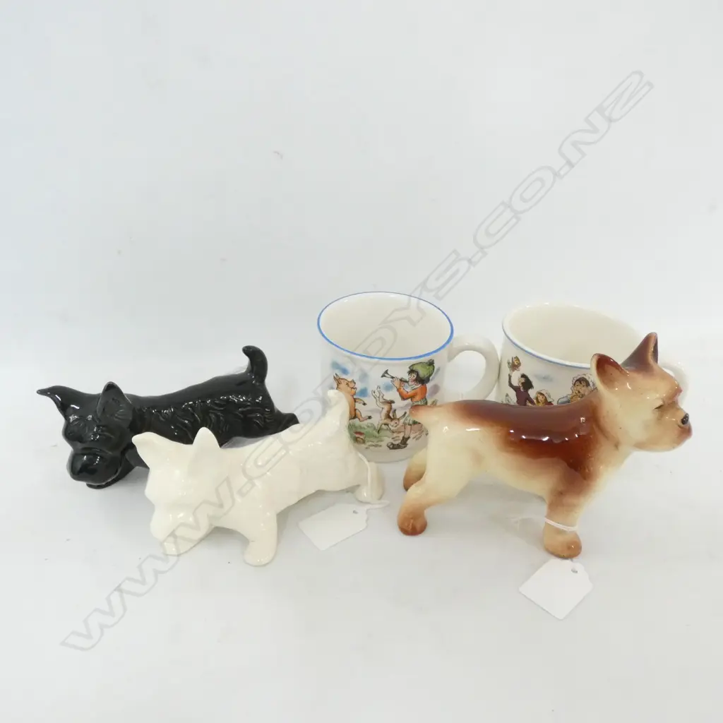 PAIR CROWN LYNN SCOTTIE DOGS & NURSERY WARE MUGS PLUS ONE OTHER DOG. Image 1++