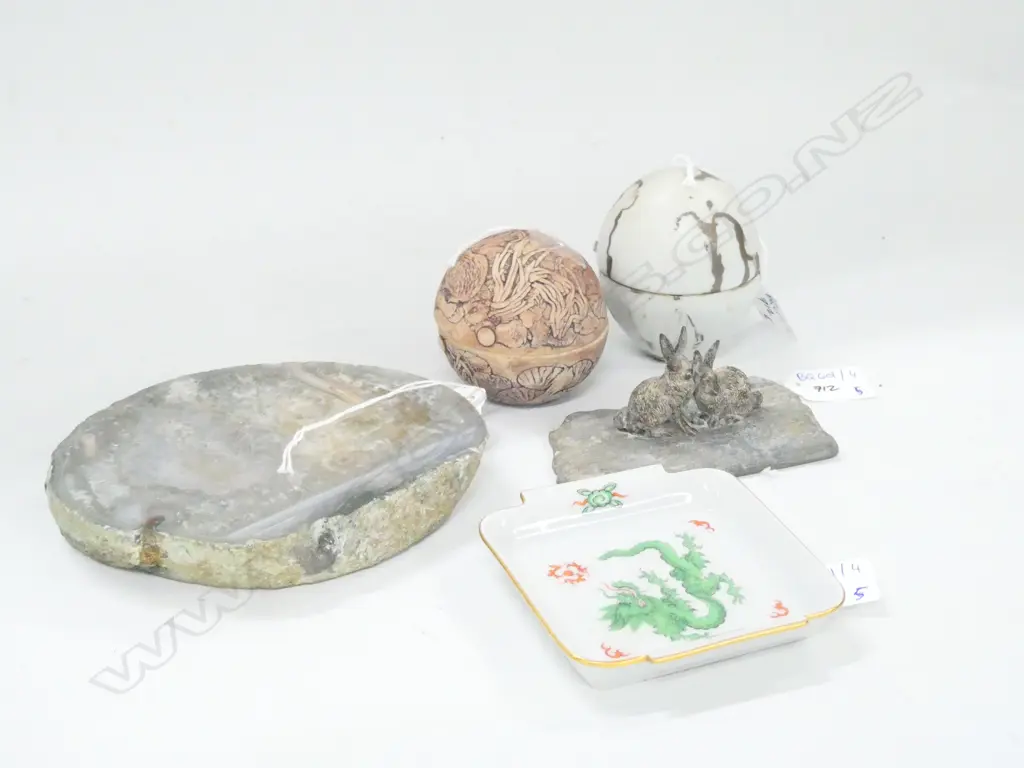 5 PCES; METAL RABBITS, STONE, 2 CERAMIC EGGS, PIN DISH Image 1++