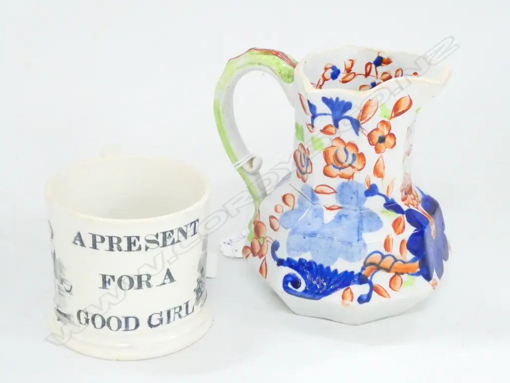 MASONS IRONSTONE JUG H. 110MM + 19thC CUP 'A PRESENT FOR A GOOD GIRL' Image 1++