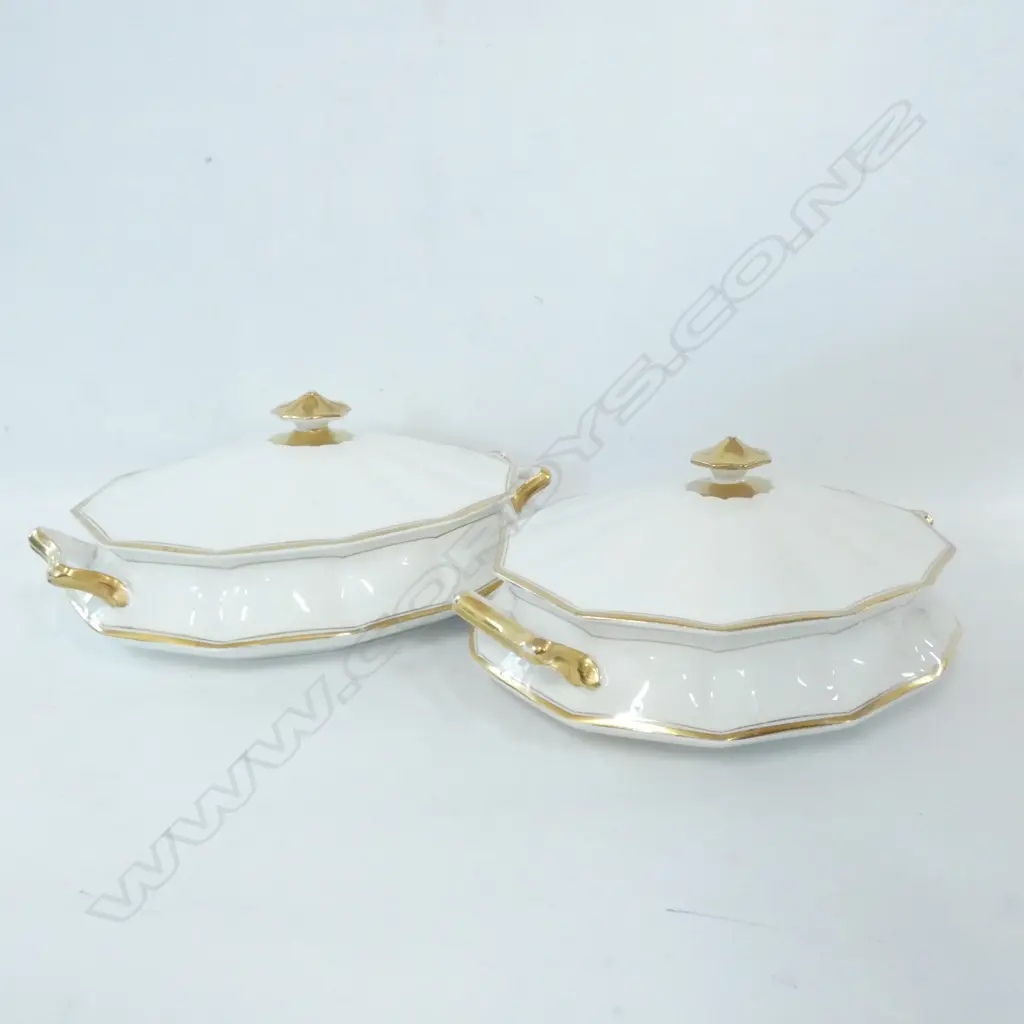 PAIR ELEGANT JOHNSON BROS. WHITE & GOLD LIDDED VEGETABLE DISHES - 285 X 210MM Image 1++