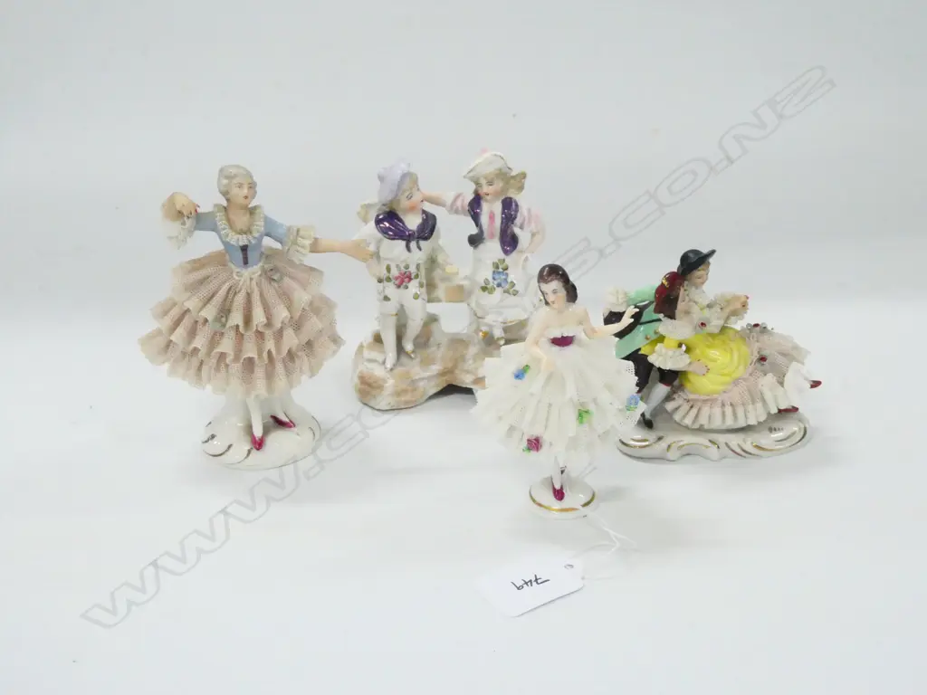 THREE GERMAN PORCELAIN LACE FIGURINES (TALLEST 110MM) & ONE OTHER  Image 1++