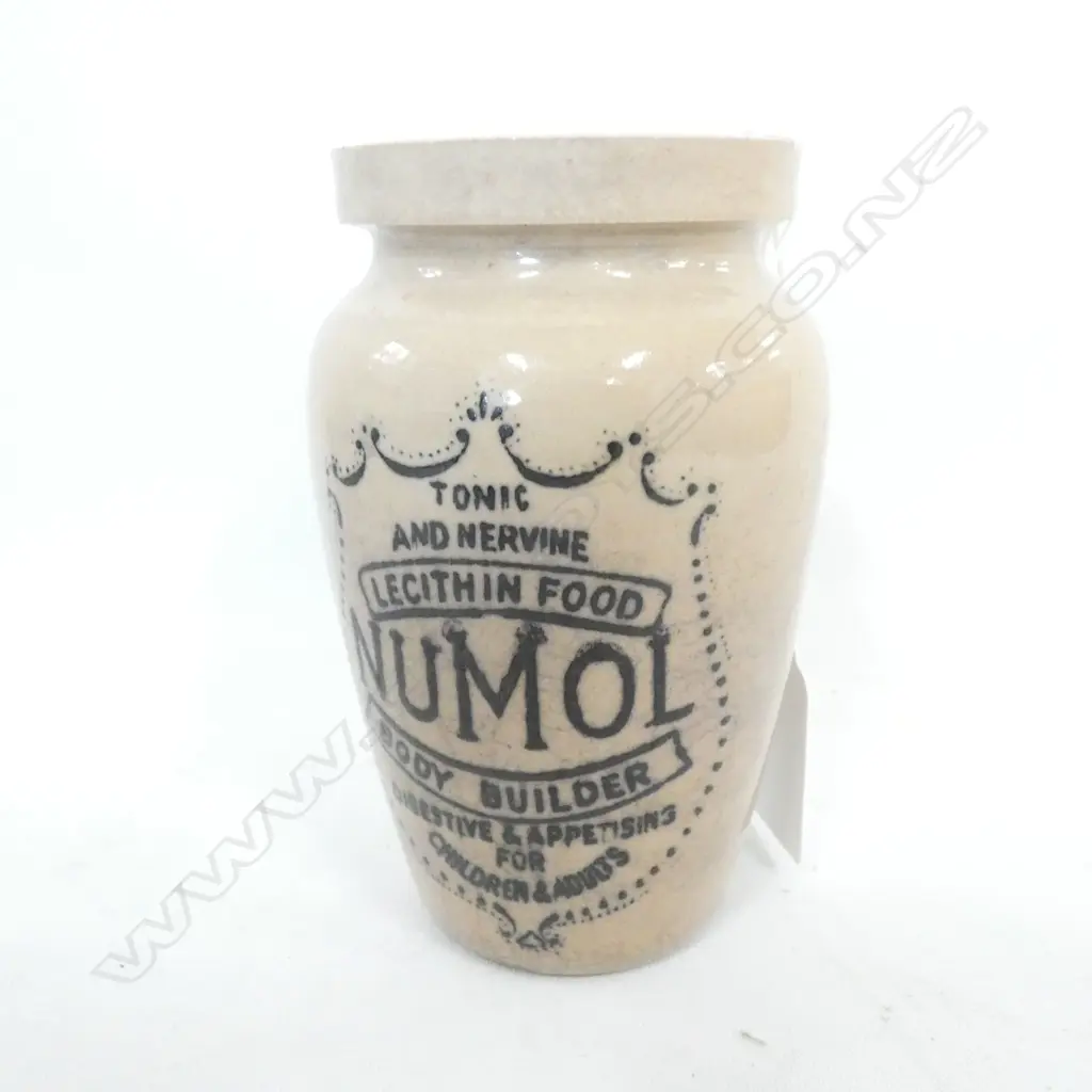ANTIQUE NUMOL TONIC STONEWARE JAR H. 110MM Image 1++