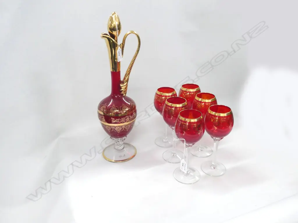 A VENETIAN GLASS EWER + 6 STEMMED WINE GLASSES H 440 MM Image 1++