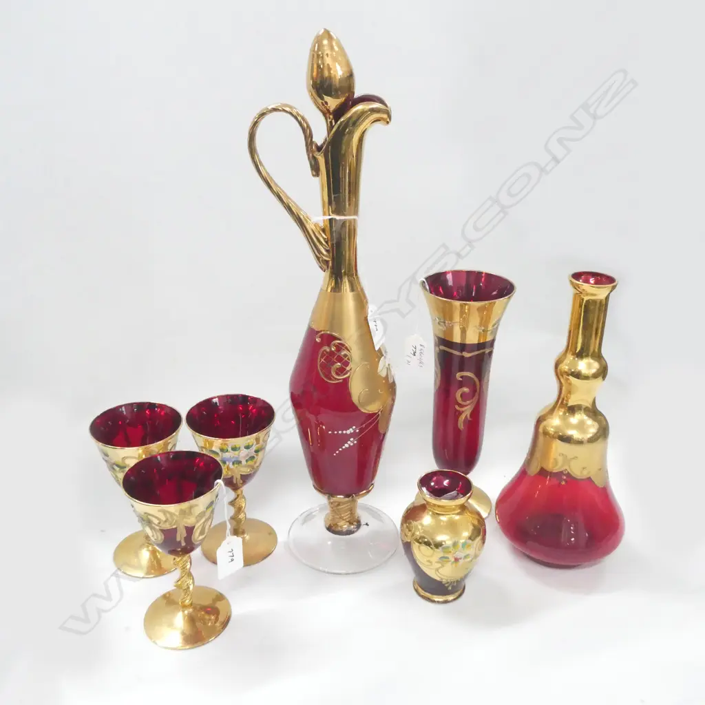VENETIAN GLASS EWER DECANTER NO STOPPER 2 VASES + 3 WINE GLASSES H 460 MM Image 1++