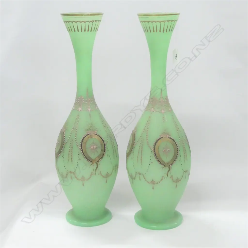 PR OF VICT GREEN GLASS VASES WITH APPLIED DECORATION H 500 MM Image 1++