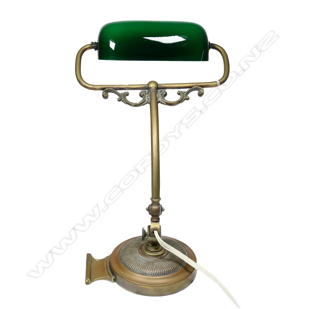ANTIQUE BANKER’S LAMP WITH GREEN SHADE & HEAVY BRASS BASE, H. 400MM Image 1++
