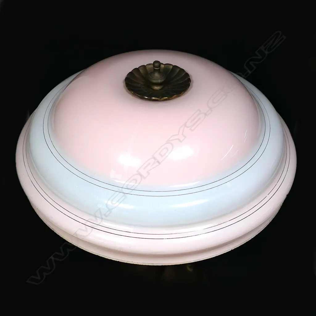 ART DECO LAMP WITH PINK GLASS DOME SHADE & BRASS COLUMN, H.450MM Image 1++