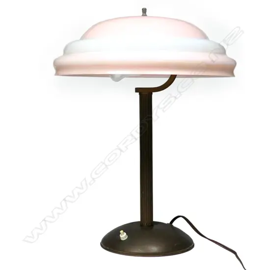 ART DECO LAMP WITH PINK GLASS DOME SHADE & BRASS COLUMN, H.450MM
