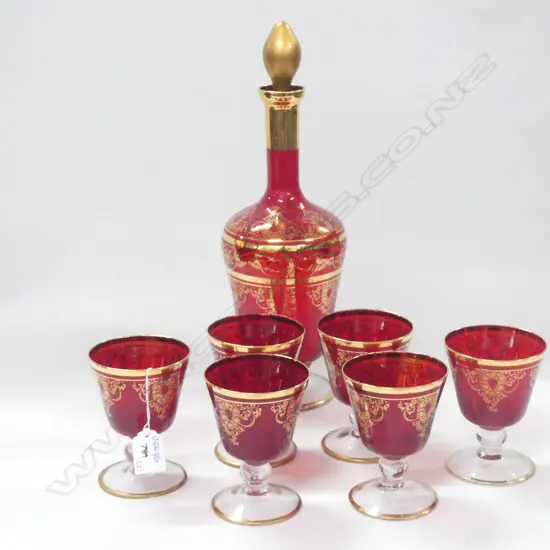 A VENETIAN GLASS DECANTER + 6 GLASSES H 340 MM 