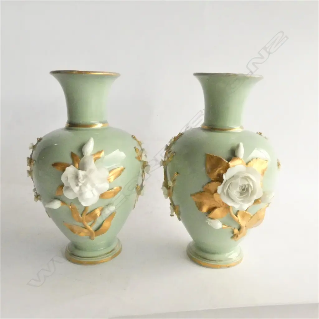 PAIR R/CROWN DERBY PORCELAIN VASES - WHITE & GOLD APPLIED FLOWERS. FAULTS  H. 155MM Image 1++