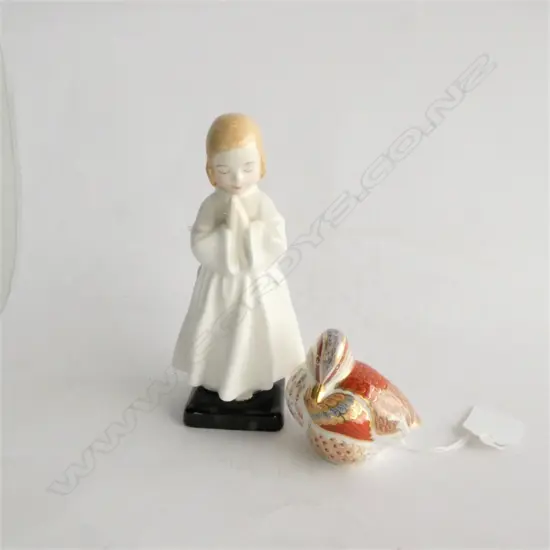 ROYAL WORCESTER TEAL DUCK PAPERWEIGHT, GOLD STOPPER H. 55MM & SM ROYAL DOULTON BEDTIME FIGURE H. 150MM