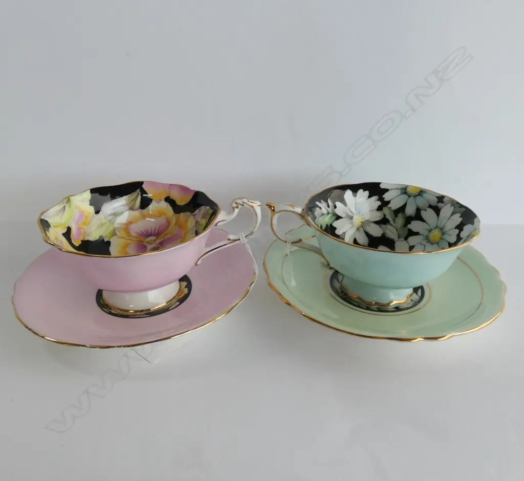 PR PARAGON BLACK & FLORAL CUPS & SAUCERS; #680 & #96600. LIGHT CRACK ON 1 SAUCER & 2 CUPS Image 1++