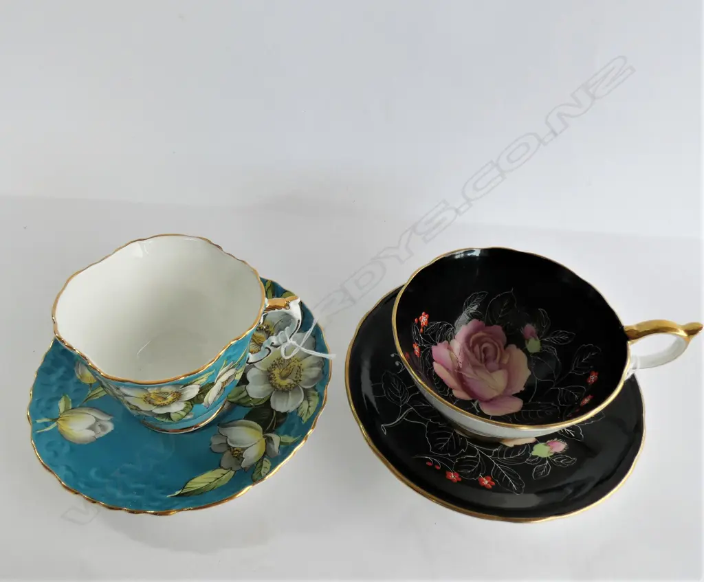 PR AYNSLEY CUPS & SAUCERS; BLACK  'ROSE' & BLUE & FLORAL #8018 & C632 Image 1++