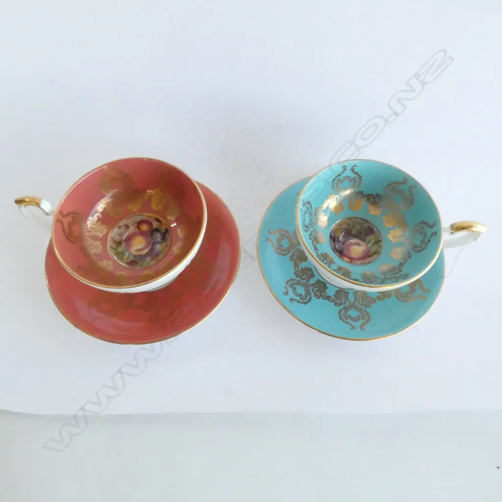 PR AYNSLEY CUPS & SAUCERS; #2832 GOLD & FRUIT; AQUA BLUE & BURNT ORANGE. Image 1++