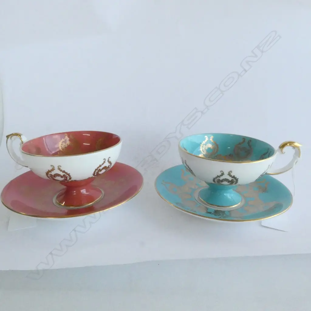 PR AYNSLEY CUPS & SAUCERS; #2832 GOLD & FRUIT; AQUA BLUE & BURNT ORANGE. Image 1++