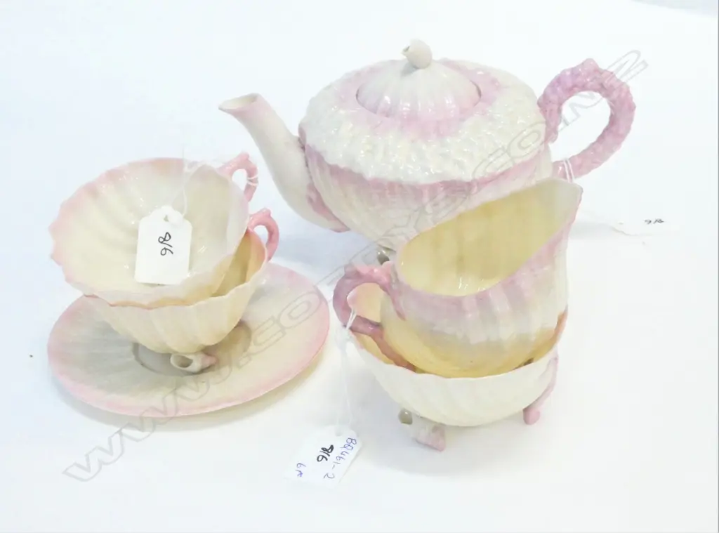 BELLEEK PINK & WHITE NEPTUNE 6 PCE SET. INCLUDES TEAPOT Image 1++