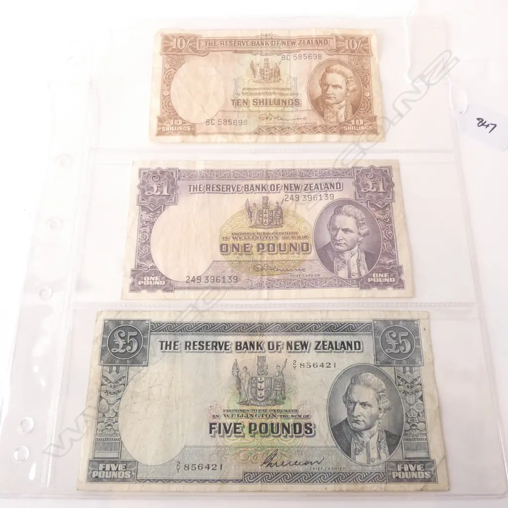 THREE NZ PRE DECIMAL NOTES; 10 SHILLING, 1 POUND & 5 POUND Image 1++