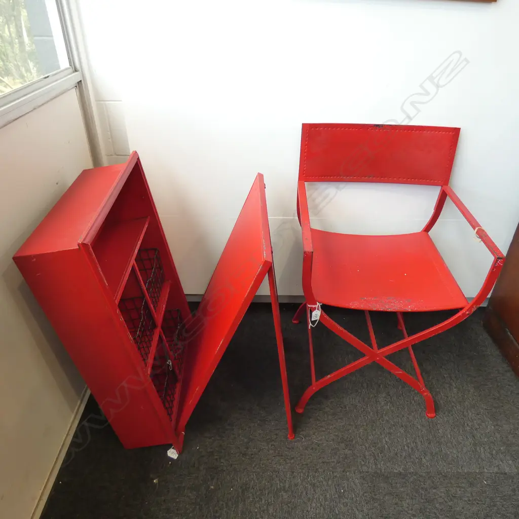 RED METAL FOLD AWAY WALL MOUNTED DESK AND CHAIR Image 1++