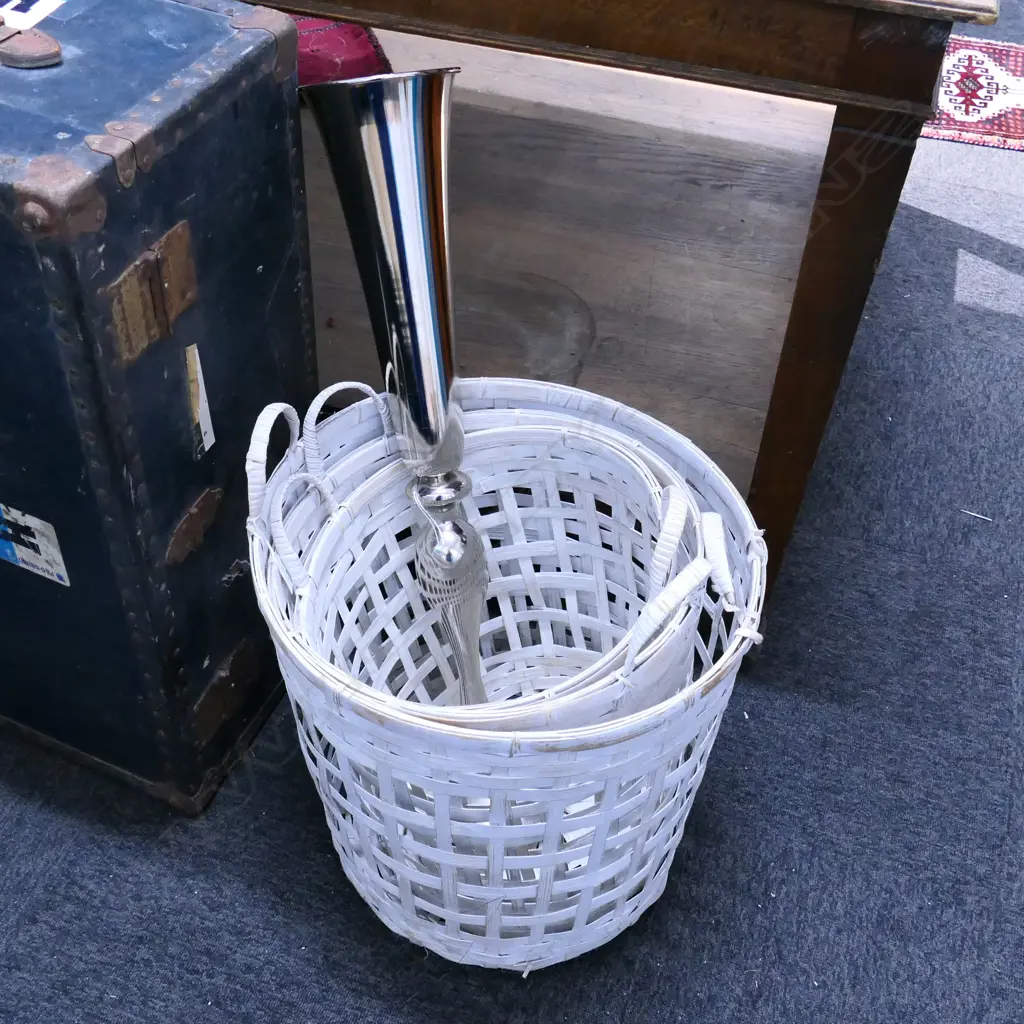 3 CANE BASKETS & CHROME VASE  Image 1++
