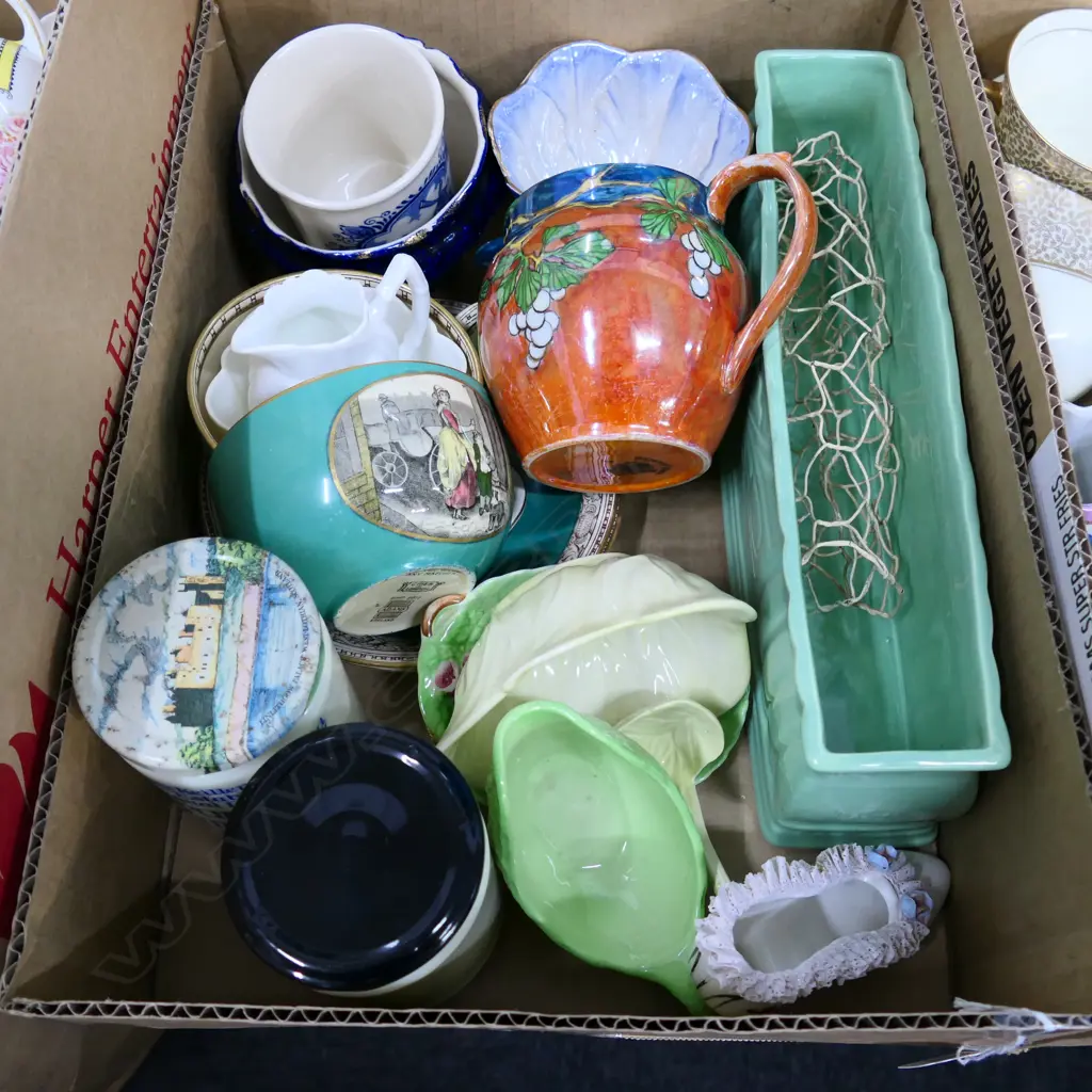 BOX ASST. CHINA INCLUDING 2 JAM JAR CROCKS & CARLTON WARE Image 1++
