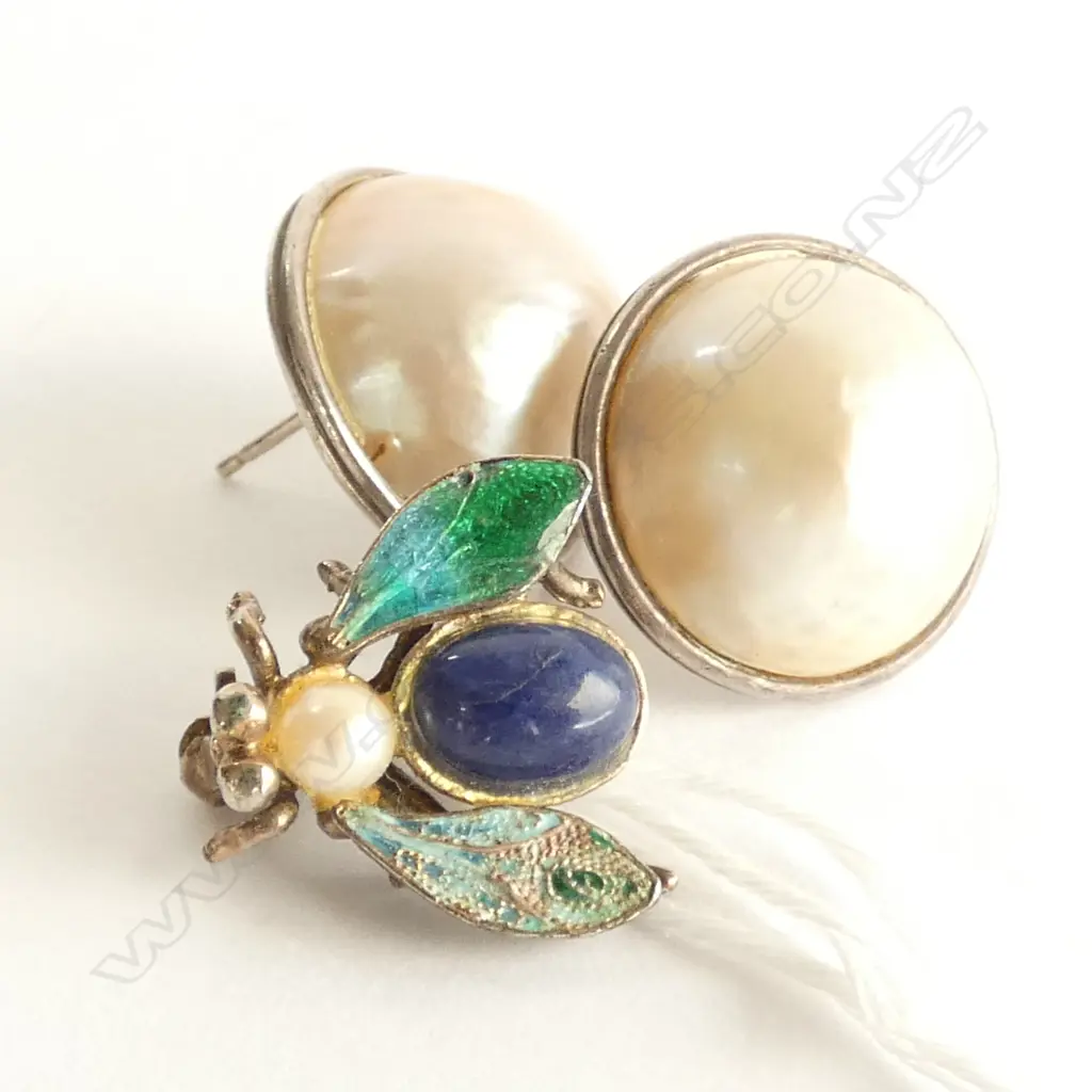 PR STG & MABE PEARL EARRINGS + STG BUG BROOCH  Image 1++