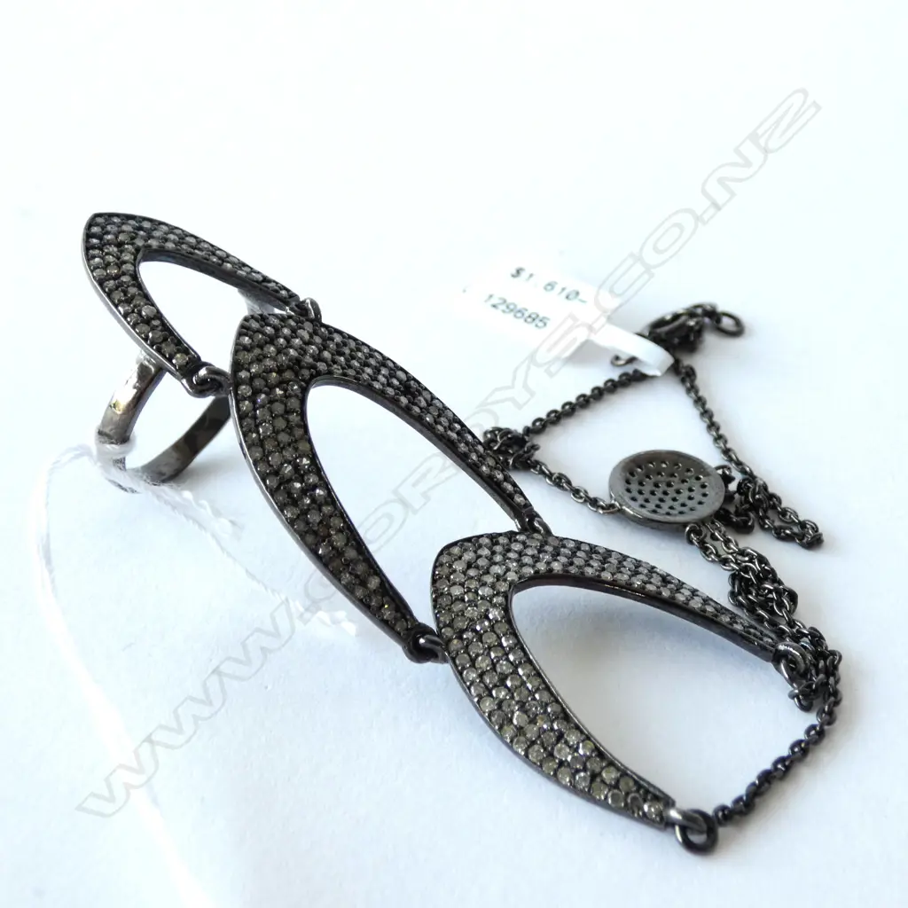 OXIDISED SILVER AND DIAMOND BRACELET RING Image 1++