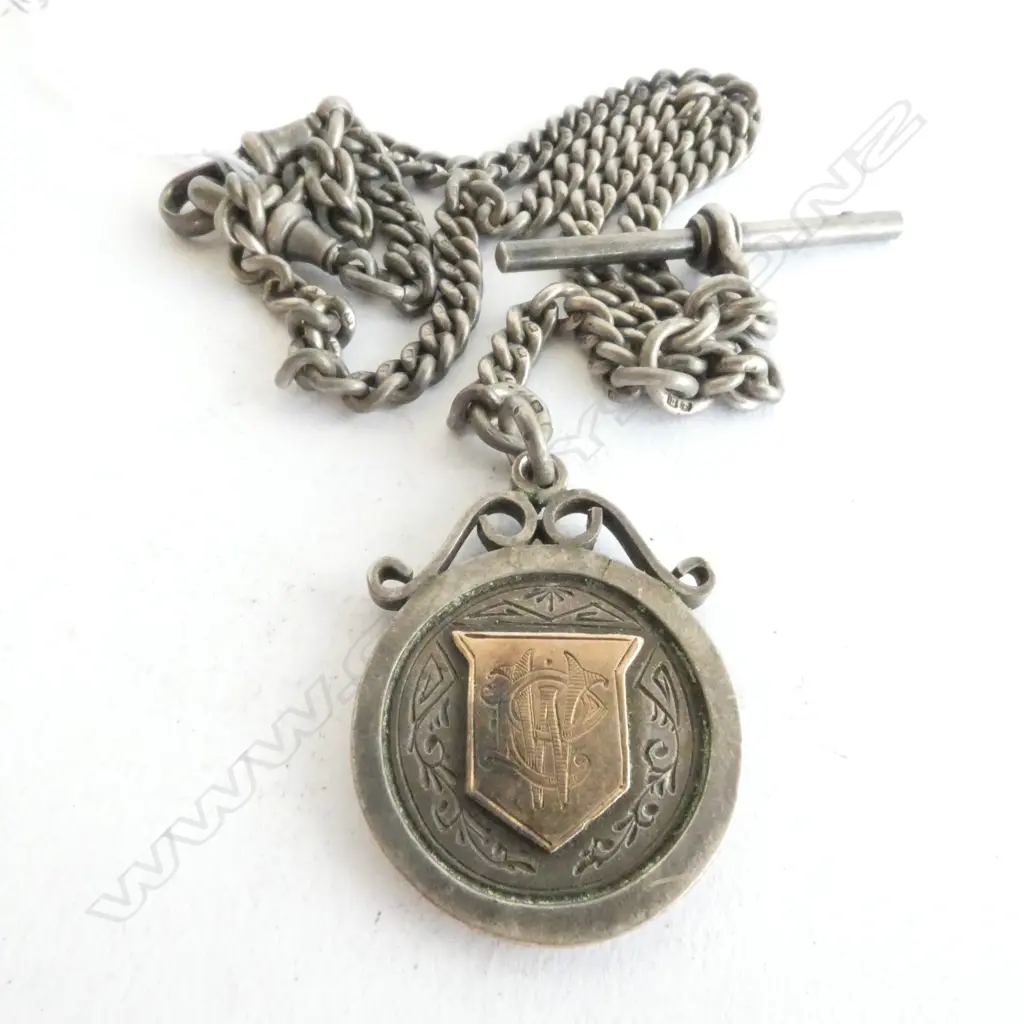 ANTIQUE STG SILVER WATCH CHAIN WITH FOB PENDANT WITH GOLD OVERLAY Image 1++