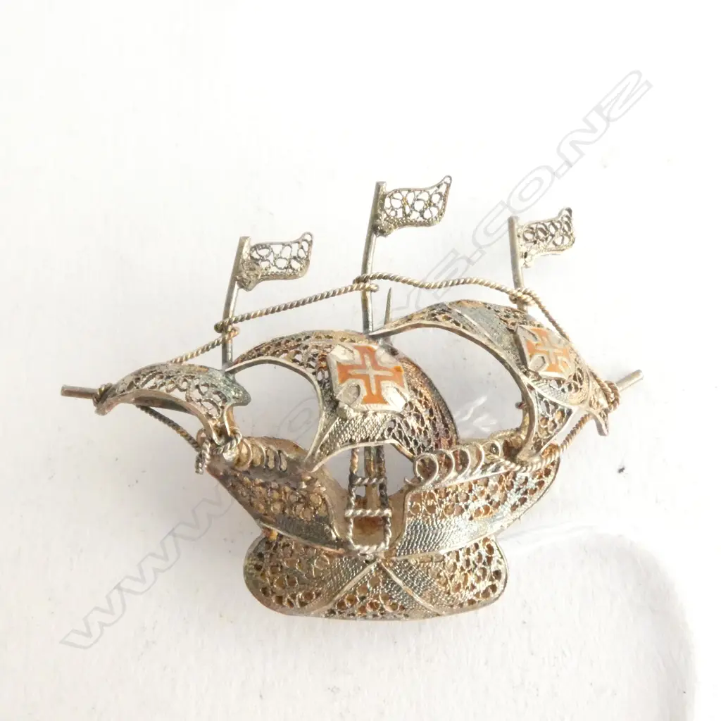 SILVER FILIGREE SAILING SHIP BROOCH L. 47MM Image 1++