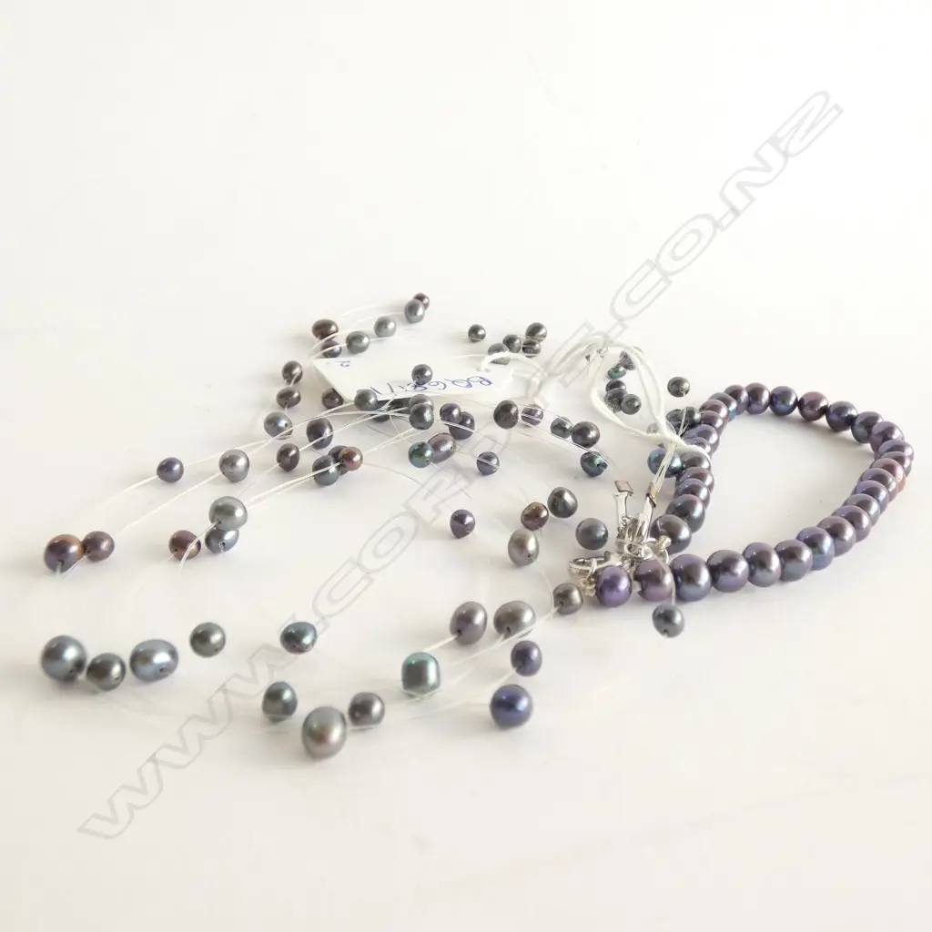 FRESH WATER WATER BLACK PEARL NECKLACE & BRACELET SET Image 1++