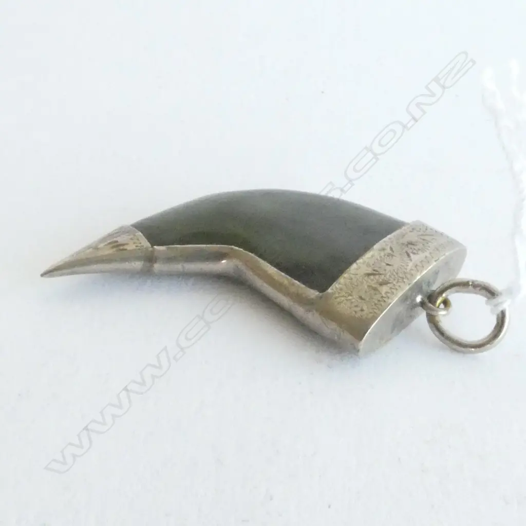 ANTIQUE GREENSTONE PENDANT SET IN STG SILVER IN SHAPE OF WHALES TOOTH Image 1++