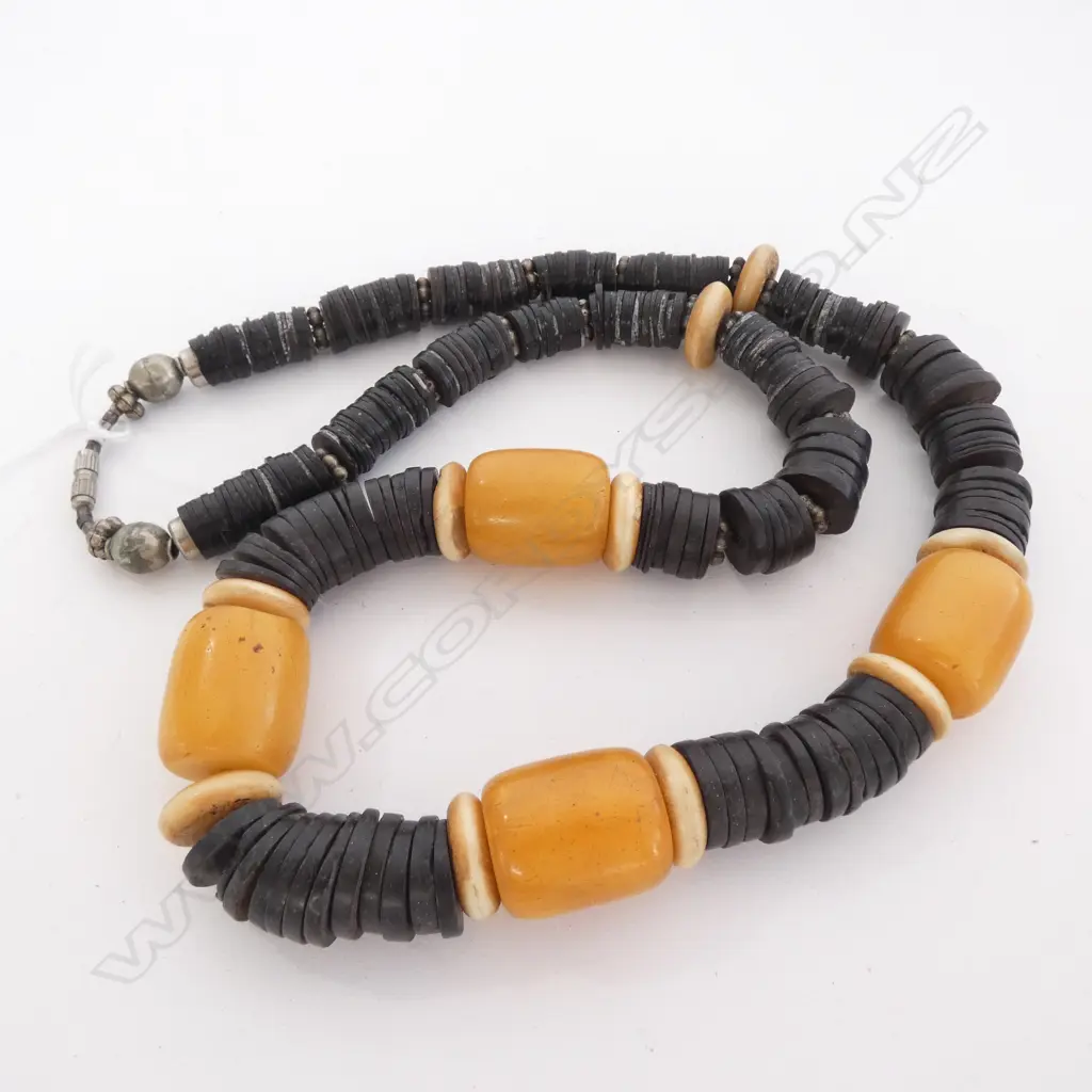 AFRICAN WOODEN & AMBER BEAD NECKLACE  Image 1++