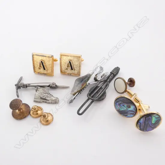 4 ASST PRS CUFF LINKS; INC. 'A' & OPAL & 3 TIE PINS INC. MINER OR CLIMBERS PICK & BOOT