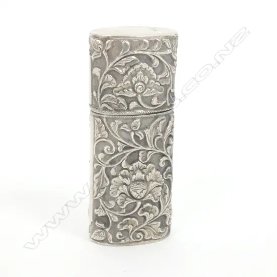 VINTAGE CHINESE SILVER EMBOSSED CASE LOTUS SCROLLS