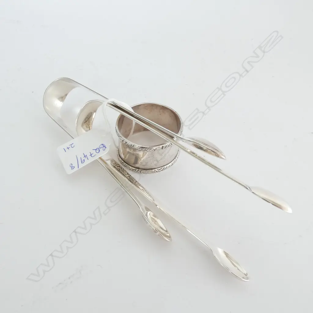 2 STG SILVER TONGS + NAPKIN RING 100 GRAMS Image 1++
