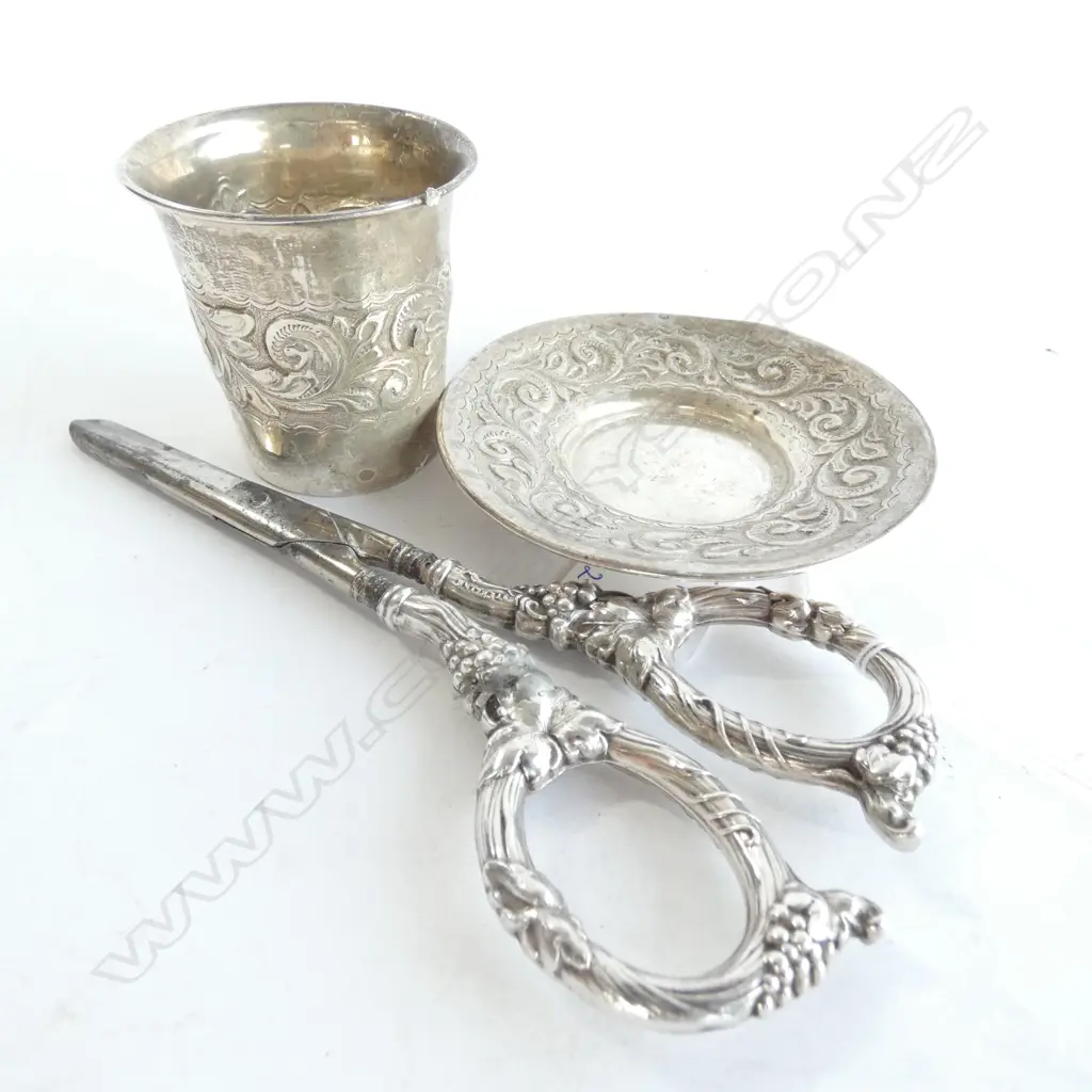 STG SILVER CUP AND SAUCER B'HAM 1903 49 GRAMS + STG SCISSORS Image 1++