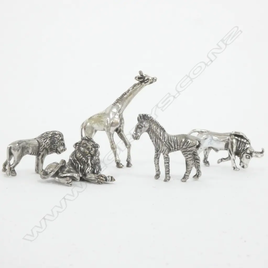 FIVE OLD ITALIAN 800 SILVER ANIMALS; GIRAFFE, OX, ZEBRA, 2 LIONS Image 1++