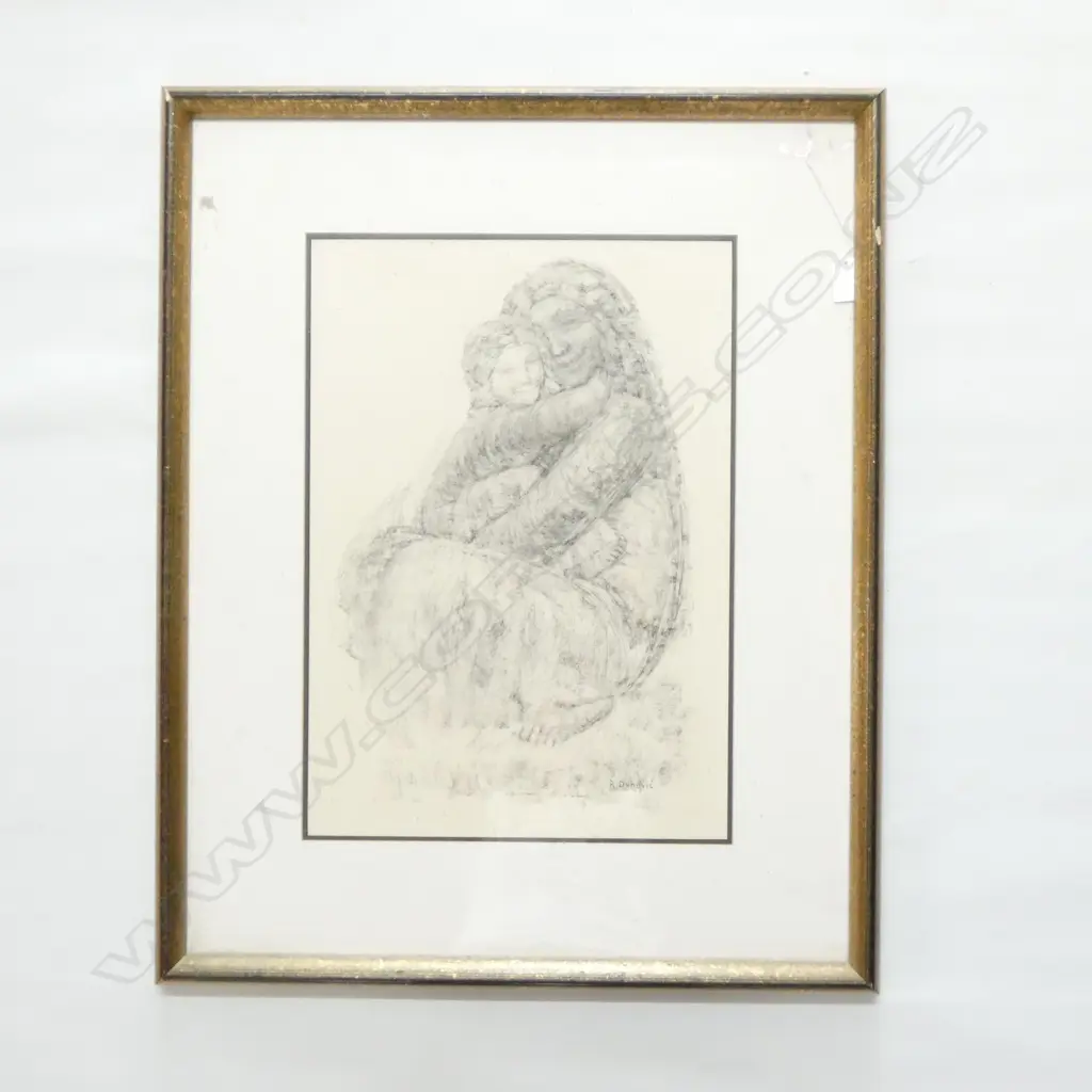 PENCIL DRAWING OF A MOTHER AND CHILD SIGNED R. DUHOVIC H.725mm Image 1++